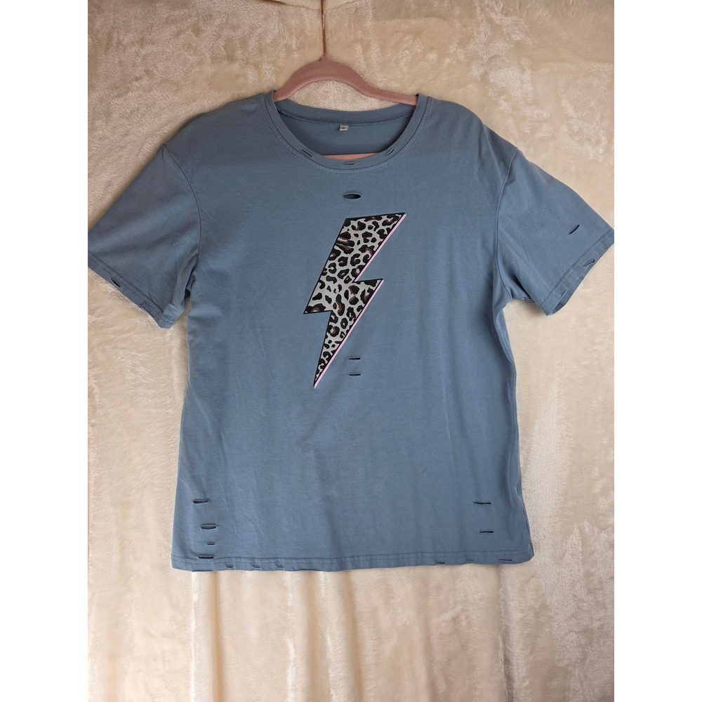 Womens Distressed Blue‎ Lightning Bolt Graphic T Shirt Size L